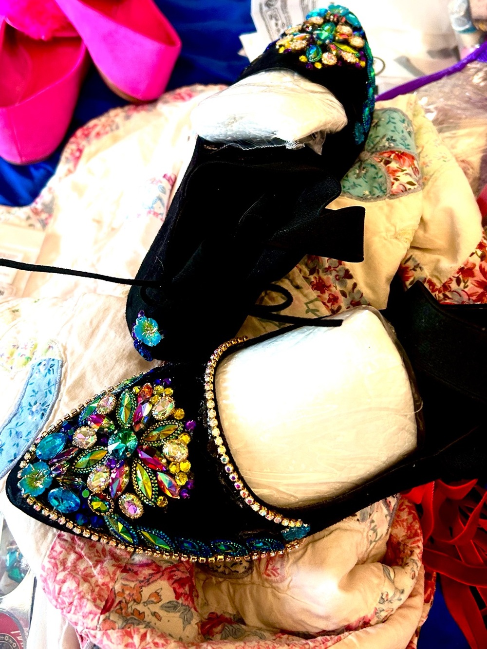 Black Embellished Women's Flats, Multicolor Gem Detail, original, handmade.